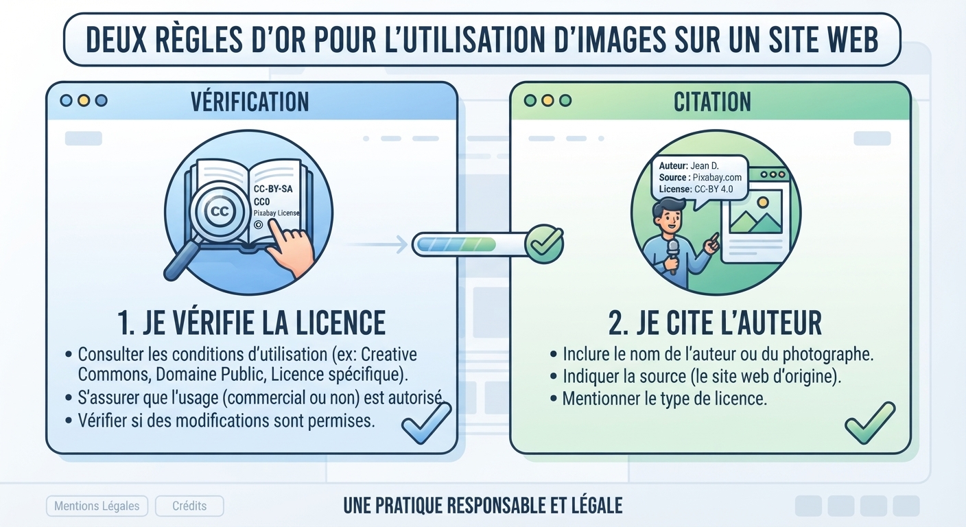 DEUX RÈGLES D'OR POUR L'UTILISATION D'IMAGES SUR UN SITE WEB
1JE VÉRIFIE LA LICENCE
Consulter les conditions d'utilisation (ex: Creative Commons, Domaine Public, Licence spécifique).

S'assurer que l'usage (commercial ou non) est autorisé.

Vérifier si des modifications sont permises.

2. JE CITE L'AUTEUR
Inclure le nom de l'auteur ou du photographe.

Indiquer la source (le site web d'origine).

Mentionner le type de licence.