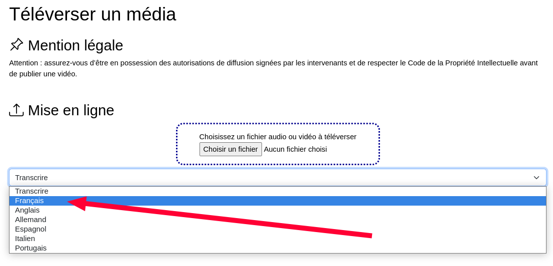 Copie d'écran montrant le choix de la langue à utiliser pour la transcription textuelle dans l'interface d'administration de PodEduc