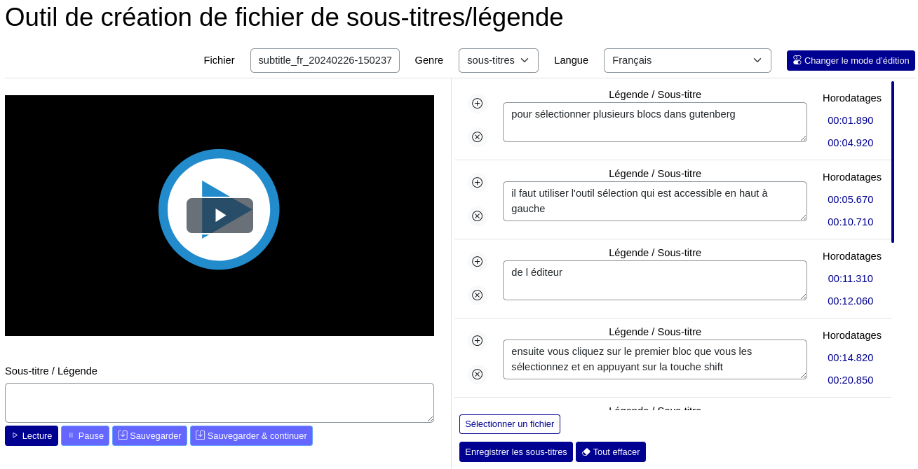 Capture d'écran de l'interface de PodEduc permettant l'édition des sous-titres