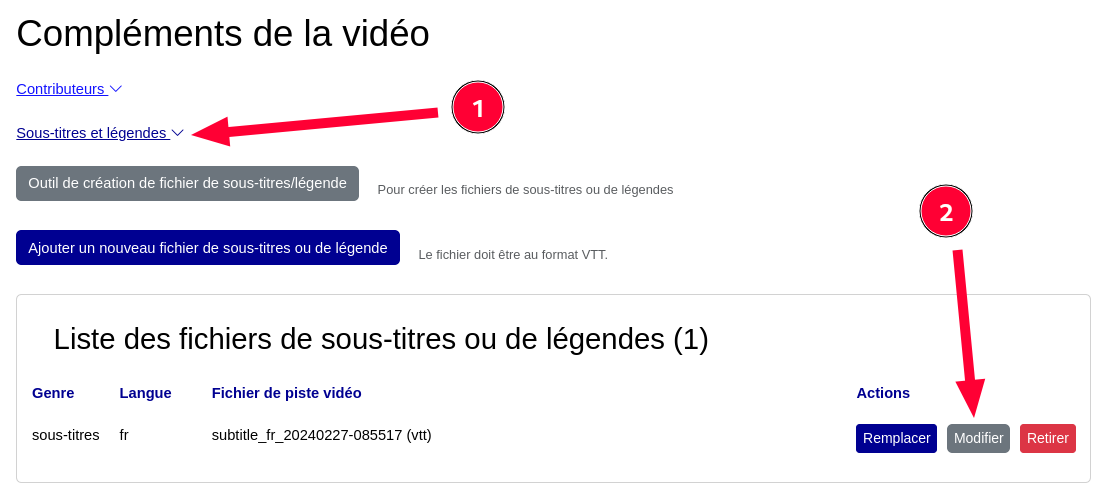 Copie d'écran de l'interface d'administration de PodEduc montrant les paramètres des sous-titres.